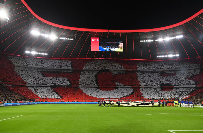 A photo taken from inside the Allianz Arena before kick-off between Bayern Munich and PSG in March 2023